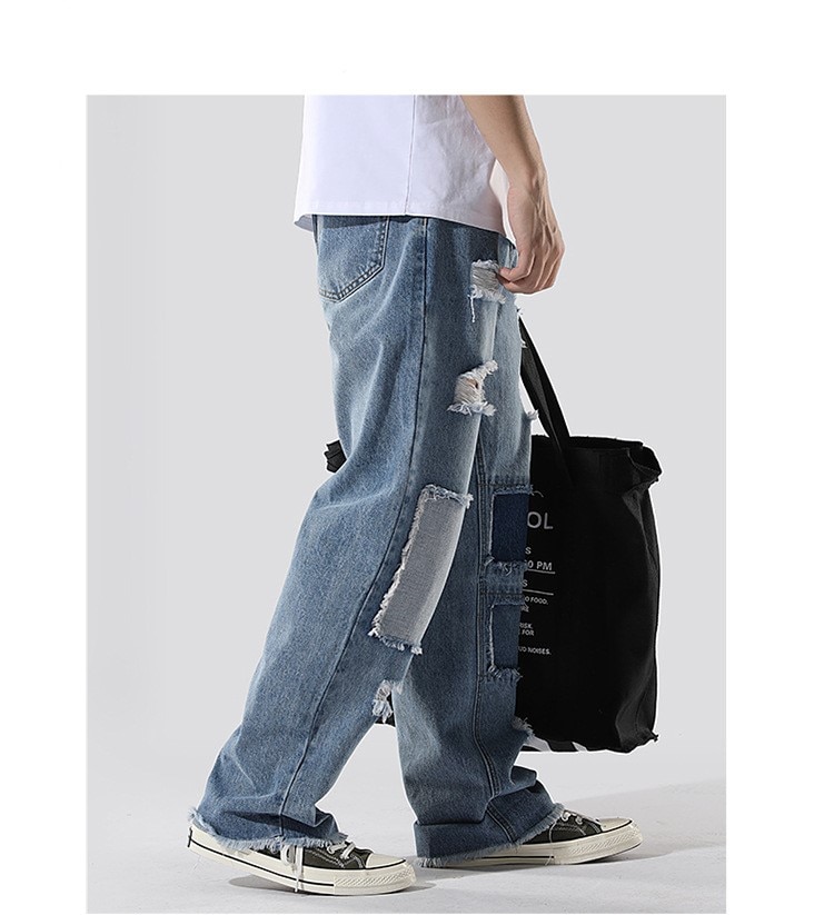 2020 nowe wiosenne i jesienne męskie jeansy luźne proste nogawki poszarpane spodnie modna, patchworka spodnie jeansowe
