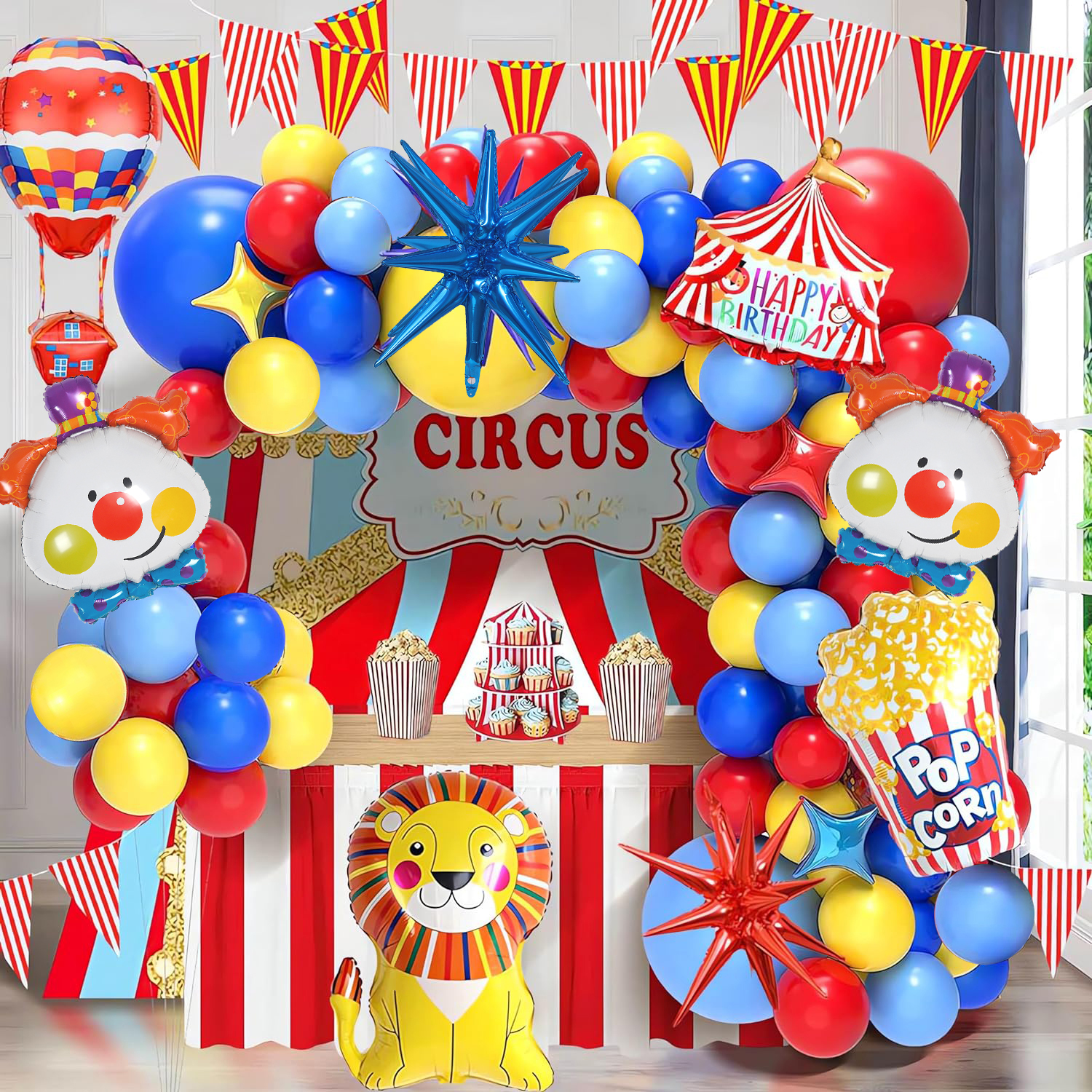 Juego de globos temáticos de circo, corona roja, azul, amarilla, león y palomitas de maíz y decoraciones para de cumpleaños de payaso con globos aerostáticos: Default Title