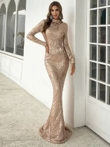 Yesexy Wedding Birthday Party Dress Round Neck Long Sleeved Sequin Mermaid Evening Prom Cocktail Dress: XL / Blue