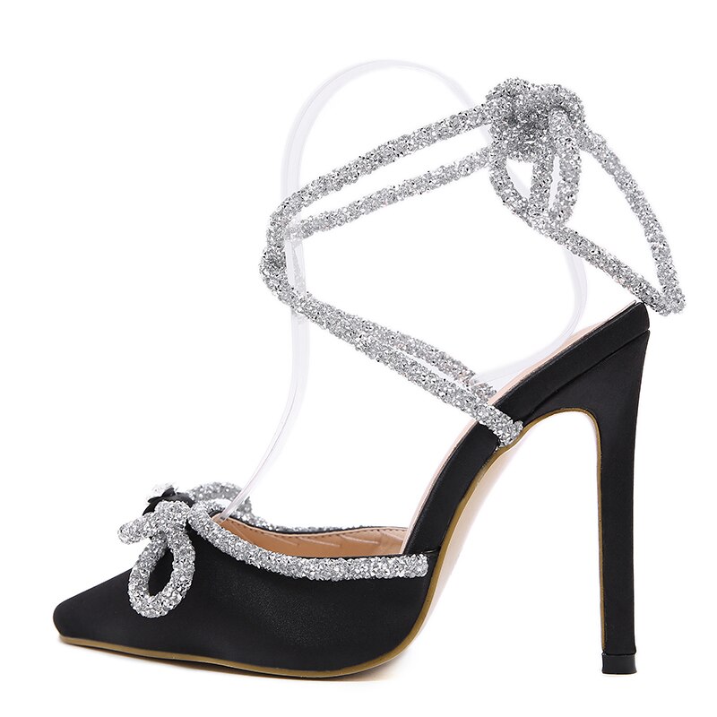 Gladiator kvinder bryllupssandaler spidstå silke dame bling sko sløjfe rhinestone ankelrem snøre festsandaler: Sort / 7