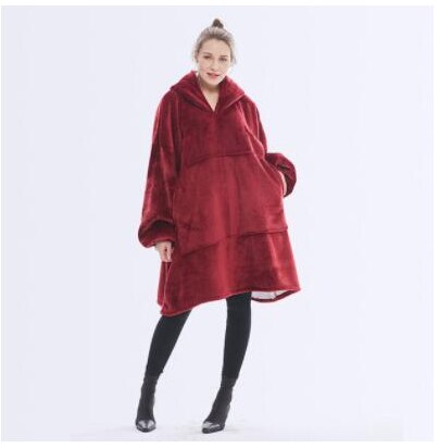 Winter Warm Blanket With Sleeves Oversized 6 Color 850Grams Plush Hoodie Sweatshirt Outdoor Wearable Blankets: red