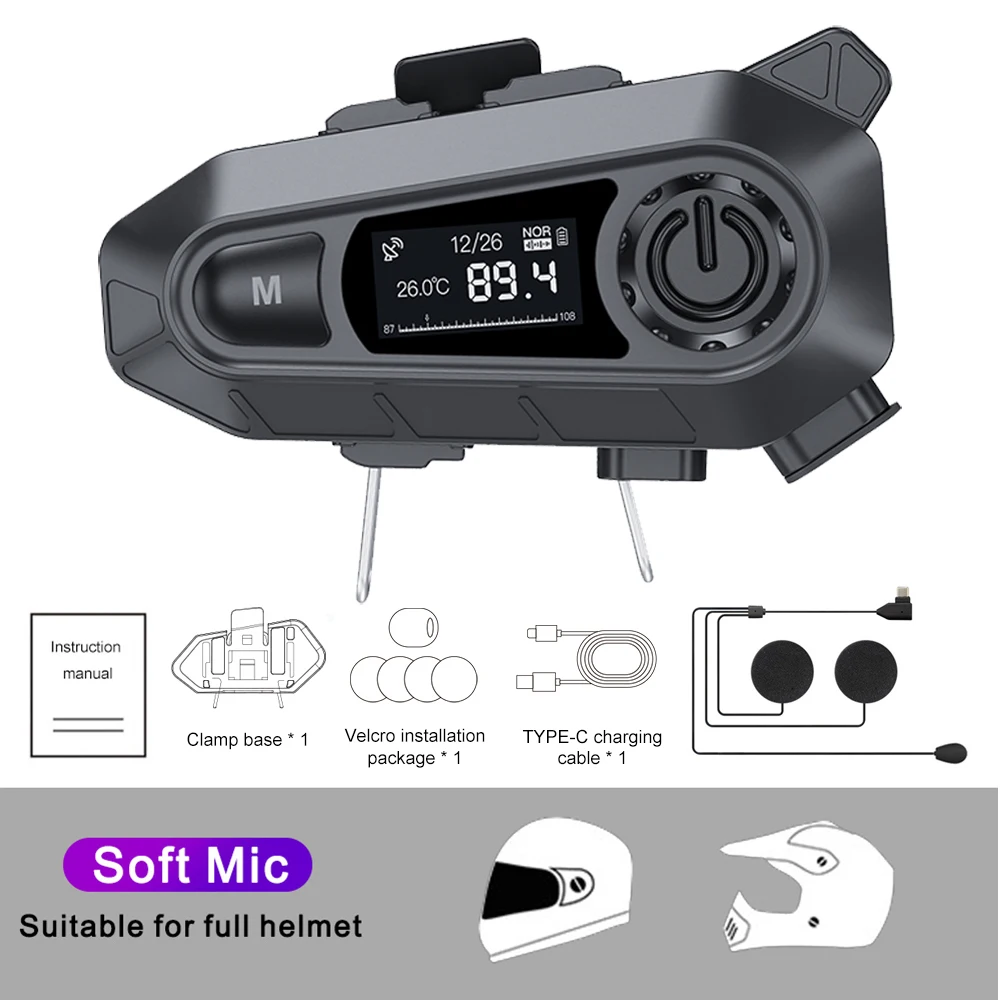 A1 Motorrad Headset Bluetooth 5.3 EQ Helm Kopfhörer Drahtlose Freisprecheinrichtung FM Radio Musik Player mit LCD Bildschirm: Rot