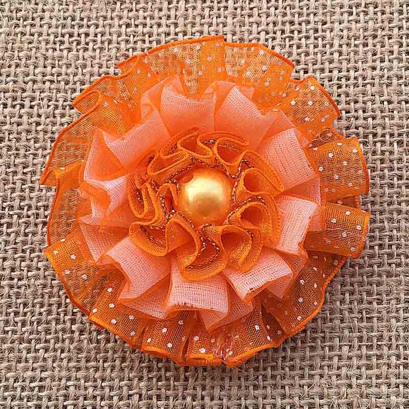 2pcs Cute Yarn ruffle Ellegant Ribbon Flowers rosettes Scrunchy gum for Elastic Hair Band Girls Headwear rubber bands: Orange