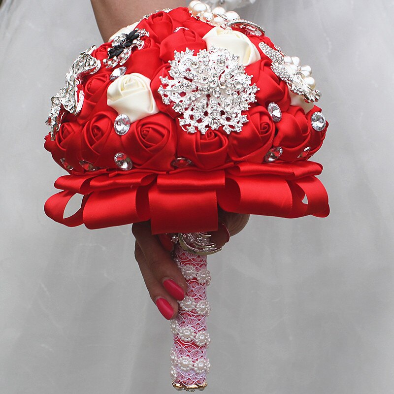 JaneVini Luxury Beaded Red Wedding Bouquets for Brides Satin Rose Mariage Crystal Brooches Rhinestones Pearls Bridal Bouquet