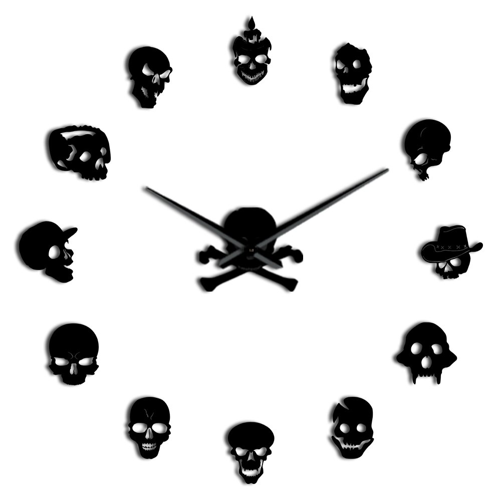 tot Skelett Schädel Selbst Klebe DIY 3D Riesen Wanduhr Verschiedene Schädel Köpfe Quarz Acryl Spiegel Aufkleber Halloween: Schwarz / 37Zoll