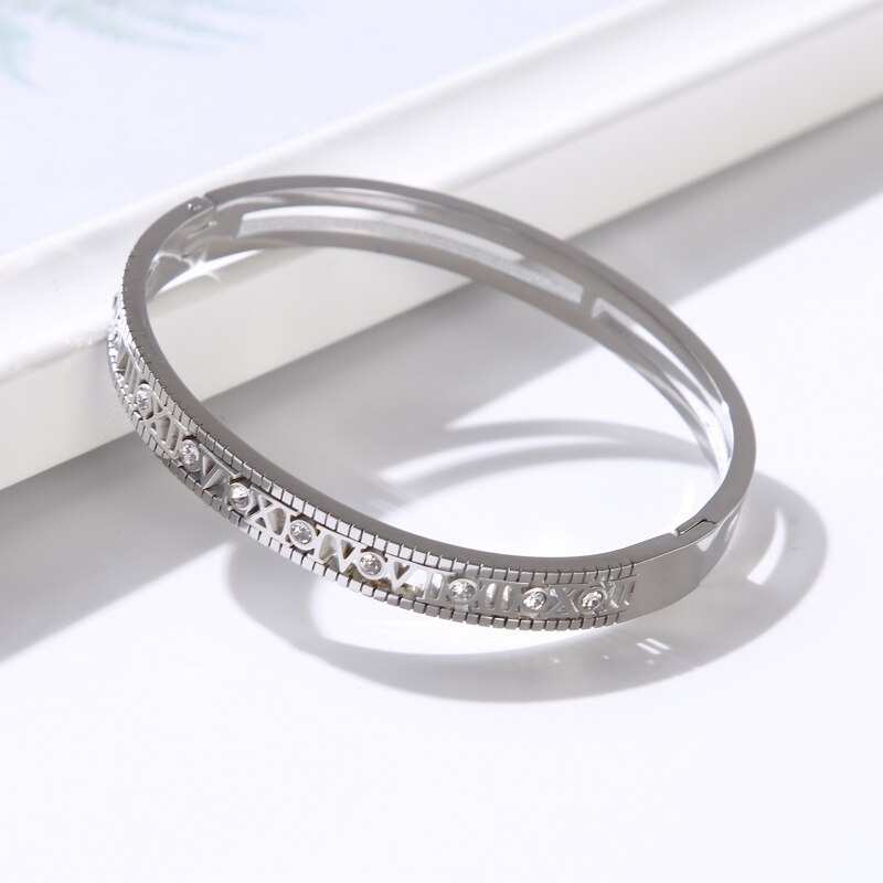 Luxury Hollow Roman Numerals Letter Stainless Steel Bangles For Women CZ Crystal Rinestone Women&#39;s Bracelet Jewelry Girl: Silver Color