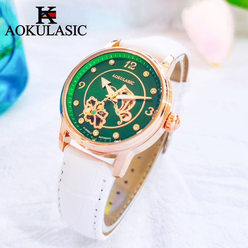 AOKULASIC Elegante dames automatische mechanische horloges Skeleton-horloges Dames luxe horloge van Waterdichte klok: Bronze