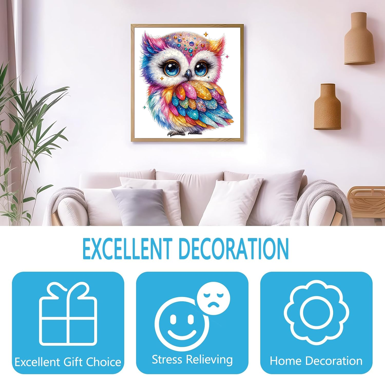 Rainbow gemstone owl wooden puzzle for adults, magic puzzle toy with high difficulty level, christmas gifts for birthday holidays
