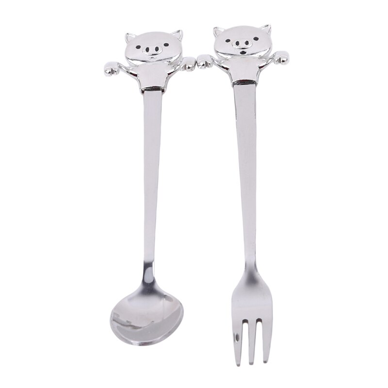 2 stk tegneserie dyregafler og skeer rustfrit stål frugtgaffel dessert ske sæt bordservice køkkenredskaber middagskeer