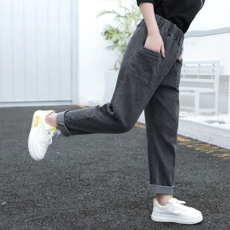 printemps automne bébé filles solide Jeans décontractés enfants à la pantalon ample taille élastique poches Patchwork pantalon Z30