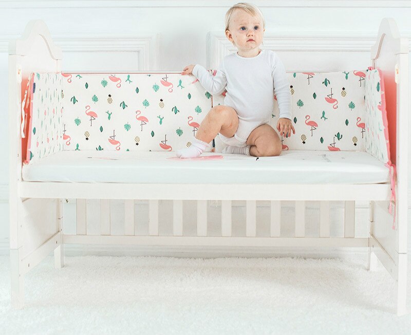 Baby Bed Bumper L-Vormige Katoen Gewatteerde Baby Wieg Zuigeling Bebe Nest Protector Cot Bumper Kamer Decoratie Enkel Stuk 120*30 Cm: Flamingo(L)
