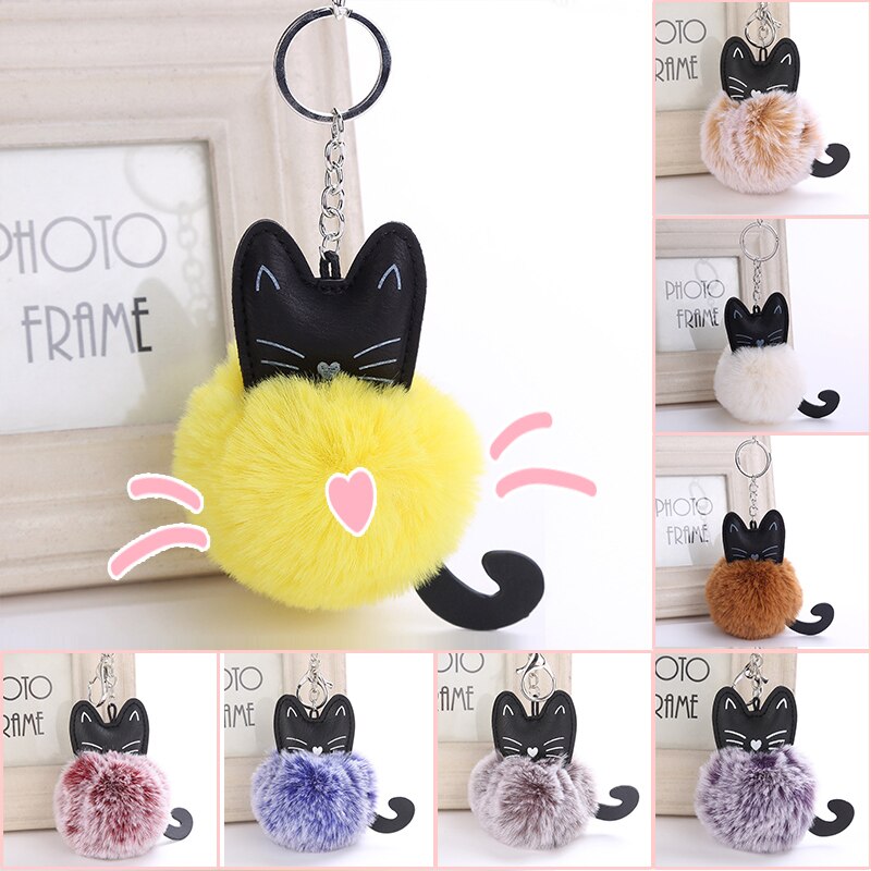 Söt pälsboll nyckelring katt mjuk pompom djur svans hår boll bil nyckelring nyckelring mamma llaveros dam bilväska tillbehör