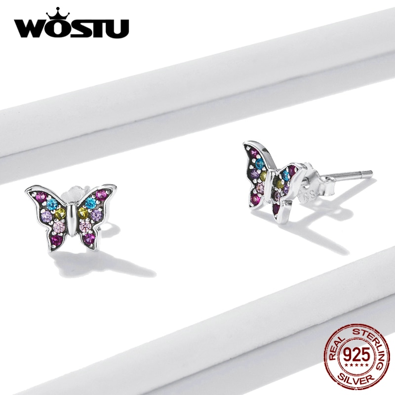 Wostu 925 ohrstecker aus sterlingsilber mit bunten schmetterlingen, schlichte zirkonia-ohrringe für damen, feiner silberschmuck
