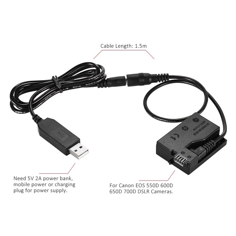 DR-E8 batterie factice avec batterie externe cc câble adaptateur USB remplacement pour LP-E8 pour Canon EOS 550D 600D 650D DSLR appareils photo