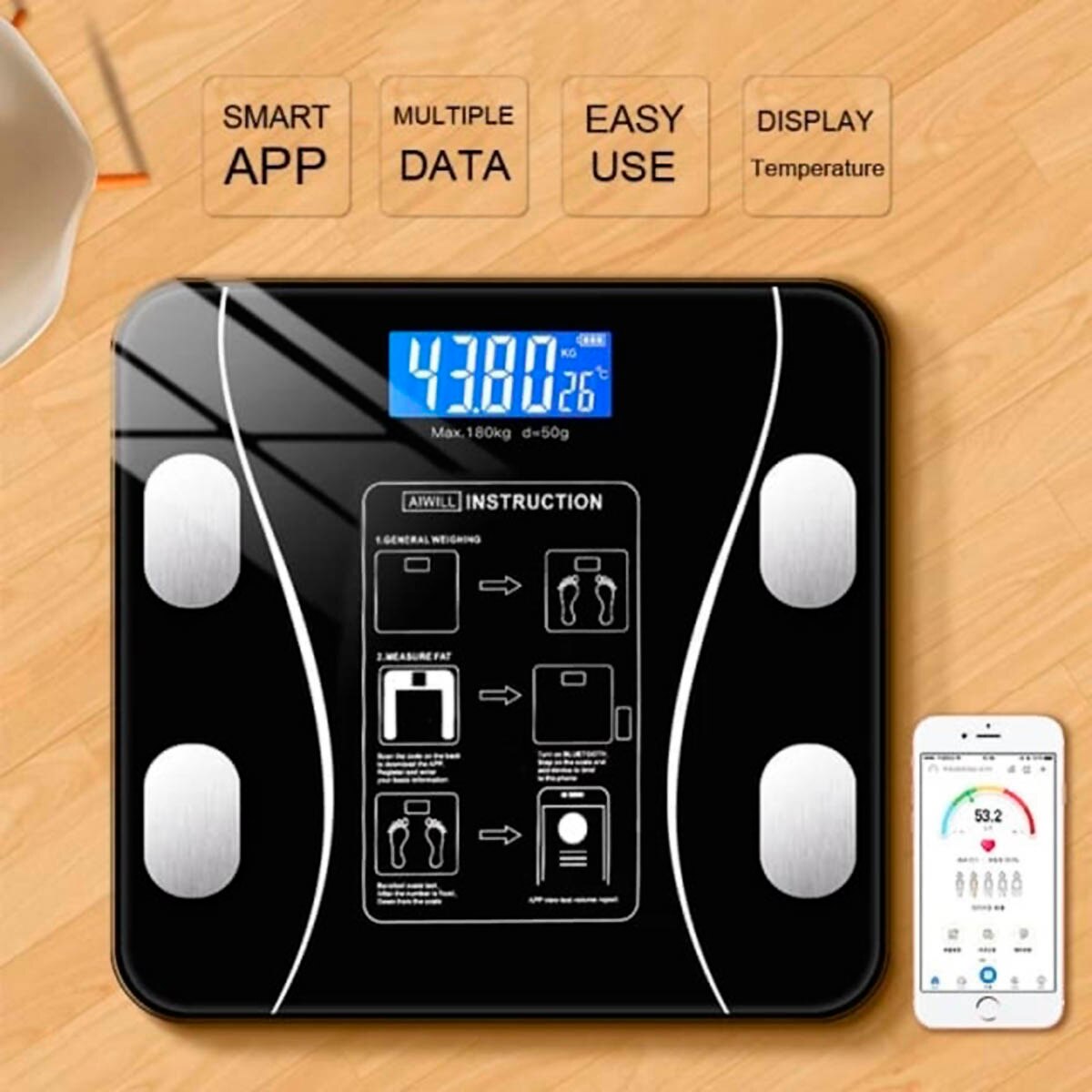 Báscula Digital Bluetooth Inteligente con 12 mediciones, moderna, , precisa, resistente, vidrio templador, pantalla LCD, compatible con móvil o Tablet, app IOS y Android, bascula de baño, basculas, bascula