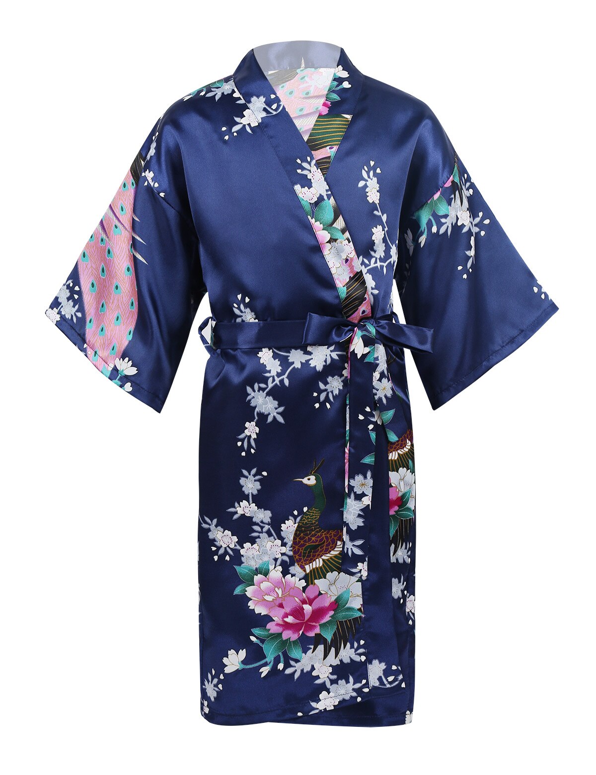 Blomma&påfågel kimono badrock barn flickor siden satin mjuk sovkläder sexig mini brud brudtärna bröllopsrock morgonrock: Marinblå / 6