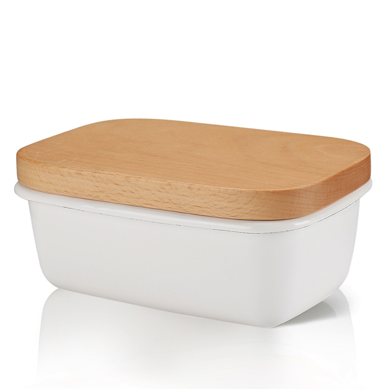 Butter Box Dishes Enamel Butter Container Plates Tray With Wooden Lid Cover Black White Storage Box