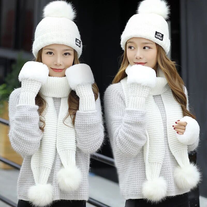 Kvinder kitted uld vinter hatte til piger hat og tørklæde handsker tre stykker kvinders hat tyk varm pom pom hat tørklæde handske sæt: Hvid