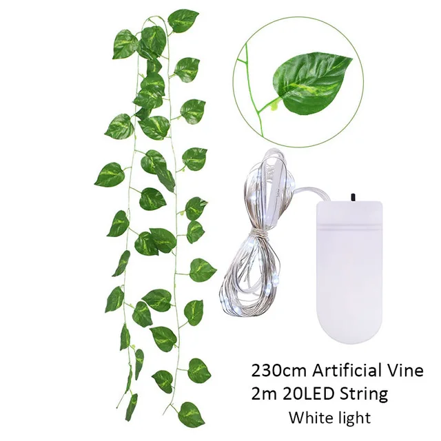 Hojas de seda, enredadera falsa, hoja verde, vid de hiedra con luces LED, guirnalda colgante para de boda en casa, flor Artificial: Verde oliva