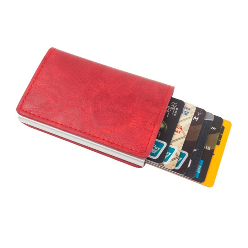 Anti-rfid visitekaartjeshouder rood/zwart/geel/bruin/blauw pu leer + legering creditcardhouder hoesje kaarten komen automatisch omhoog