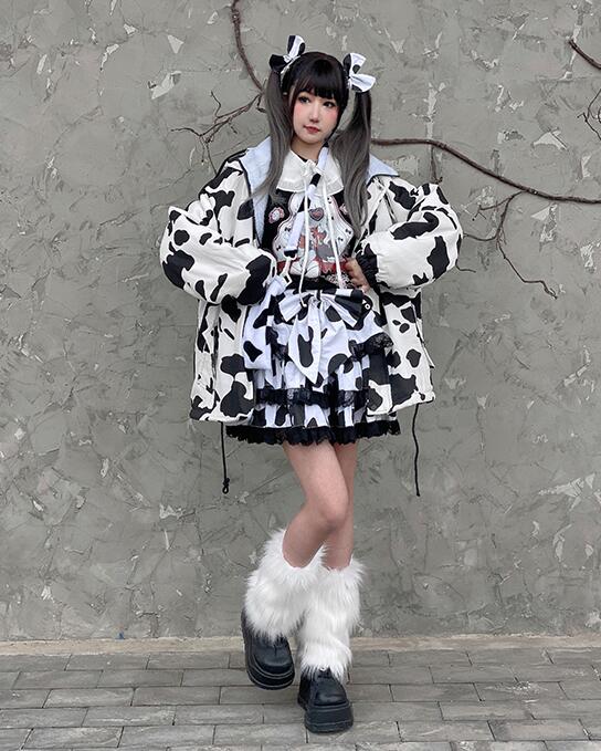 Japanese Harajuku Preppy Style Cow Pattern Girls Bow Lace Cake Skirts High Waist Sweet Mini Kawaii Cool Girl Skirts
