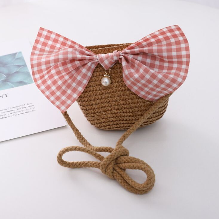 Zomer Kind Prinses Leuke Cartoon Stro Hoed Met Handtassen Tassen 2 Stuks Een Set Kids Meisje Baby Boog Plaid panama Zonnehoed: Bag Khaki