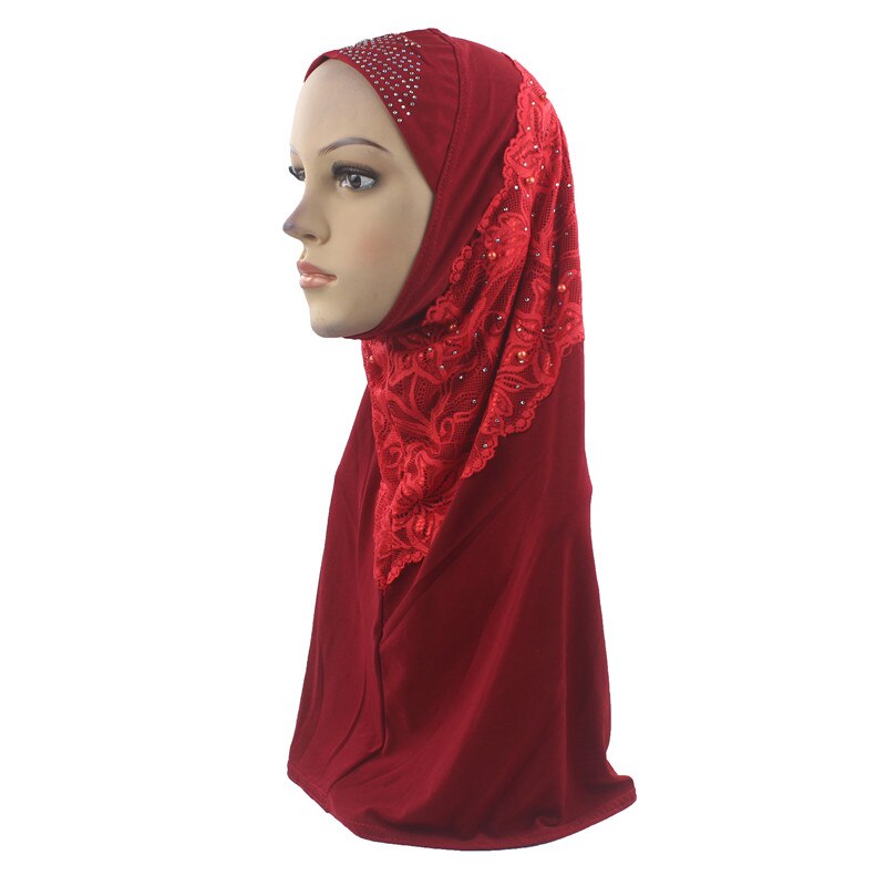 Muslimske kvinder piger hijab islam tørklæde amira håndlavet perle lille diamant blonde patchwork blød stretch: Rød