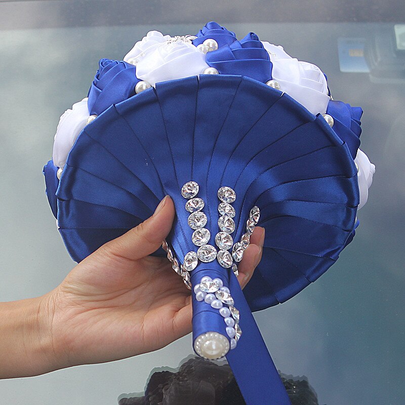 Janevini royal azul e branco cristal casamento bouquet diamante luxo frisado noiva flores fita de cetim rosa buquês de noiva 2020