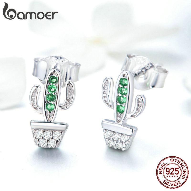 Bamoer echte 925 sterling zilveren groene cactus plant oorbellen voor vrouwen heldere kubieke zirkonia sieraden sce 522
