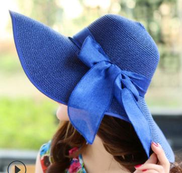 24colors Womens Sun Straw Hat Wide Brim UPF 50 Summer Hat Foldable Roll up Floppy Beach Hats for Women Big Bowknot: 10blue
