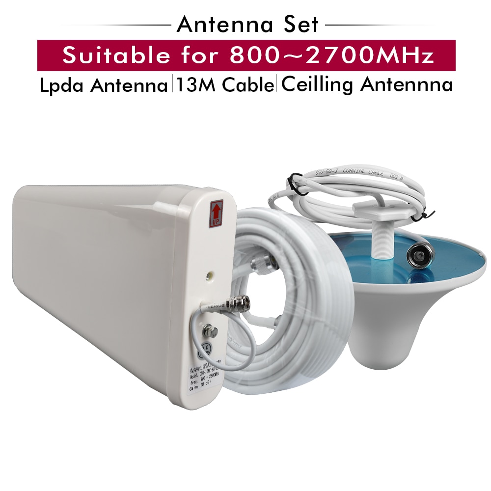 Antena lpda externa + antena teto interno + 13 metros, cabos brancos, acessórios, conjunto para 800 ~ 2700mhz 2 impulsionador de sinal de celular, g 3g 4g