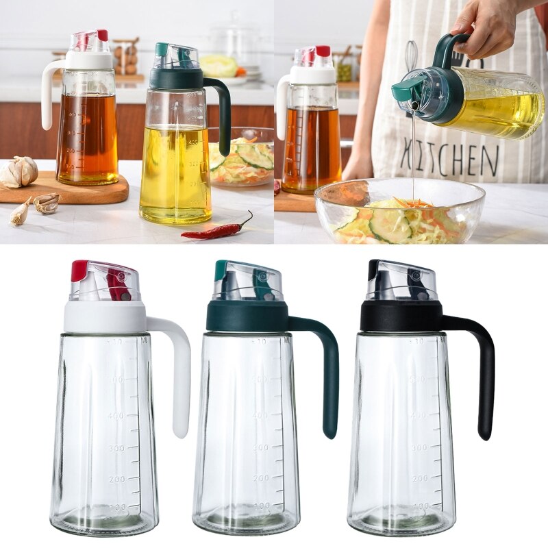 Oil Dispenser Bottles Auto Flip Oil Dispensing Bottle Leak Proof Glass Cruet Bottles Non-Slip Handle Automatic