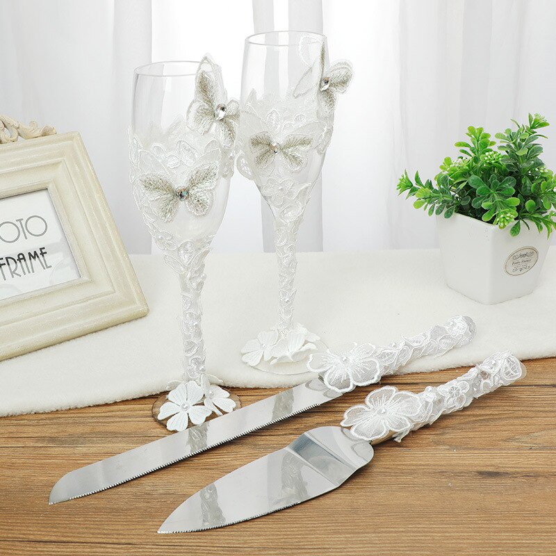 4Piece Wedding Supplies Cake Knife Toasting Flutes and Pie Cake Server Set Marrying Birthday Party Show Tool Bride And Groom Gif: 4C