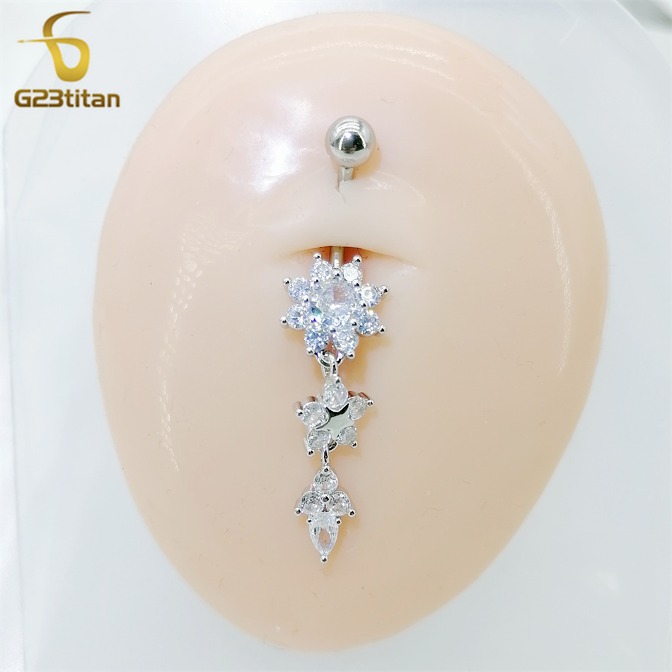 Anillo de cristal G23titan para uñas en el ombligo, 14G, barra de titanio, flor colgante, Piercing para el cuerpo, anillos para el ombligo, joyería para el cuerpo para hombres y mujeres