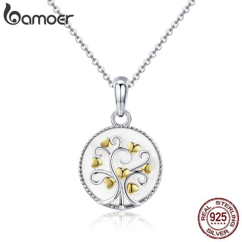 BAMOER Real 925 Sterling Silver Tree of Life Pendant Necklaces Women Gold Heart Tree Necklace Sterling Silver Jewelry SCN296
