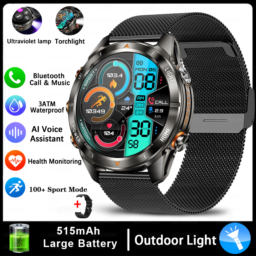 Quatro botões bluetooth chamada relógio inteligente masculino 1.43 Polegada hd sreen 100 + esportes 3atm lanterna à prova dwaterproof água smartwatch homem para huawei: CINZA