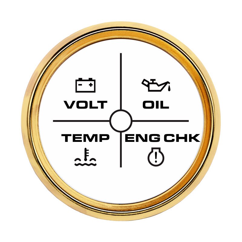 52 Mm Alarm Gauge Meter Volt/Olie/Water Temp/Check Engine 4 Led Alarm Indicator Gauge Voor auto Boot 9 ~ 32V Met 7 Kleuren Achtergrondverlichting: white gold