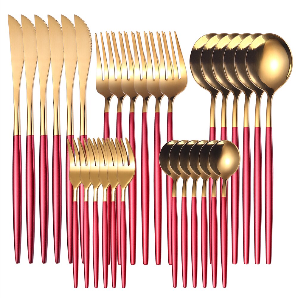Couverts en acier inoxydable, 30 pièces, service de table en or, vaisselle en acier inoxydable, fourchette en or, cuillère couteau, service d'argenterie de luxe pour Banquet: 30Pcs Red Gold