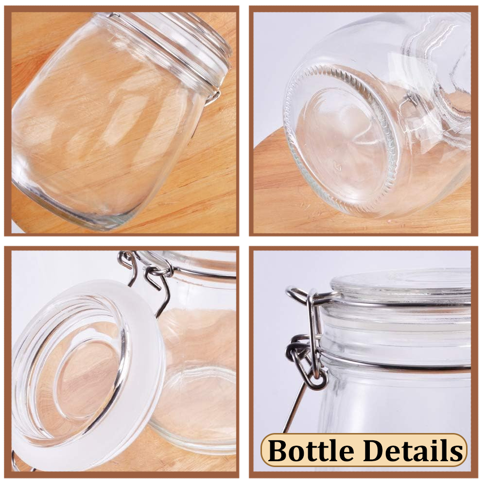 Bocaux en verre transparent avec couvercles articulés hermétiques et joint en caoutchouc anti-fuite, conteneurs en verre de stockage à bouche large de 380/500/750/1000ml