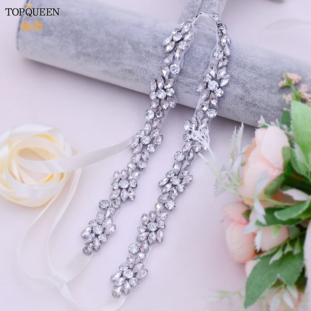 TOPQUEEN-Cinturón de lujo para novia, faja con apliques de diamantes de imitación para vestido de boda, cinturones de joyería, cinturón de Vestido plateado brillante, S437-S