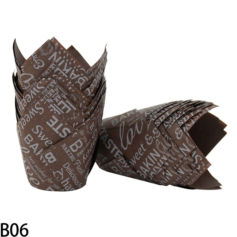 50Pcs Newspaper Style Cupcake Liner Baking Cup For Wedding Party Caissettes Tulip Muffin Cupcake Paper Cup Oilproof Cake Wrapper: Beige