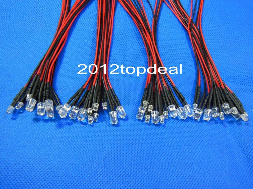 50pcs 3mm/5mm Red/Green/Blue/RGB 3V 5V 12V DC Round Pre-Wired Water Clear LED