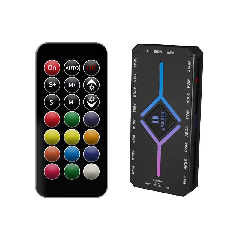UPSIREN U-H8 5V 3PIN ARGB & 4PIN PWM HUB coque d'ordinateur ventilateur lumière fond synchrone magnétique avec télécommande: Black