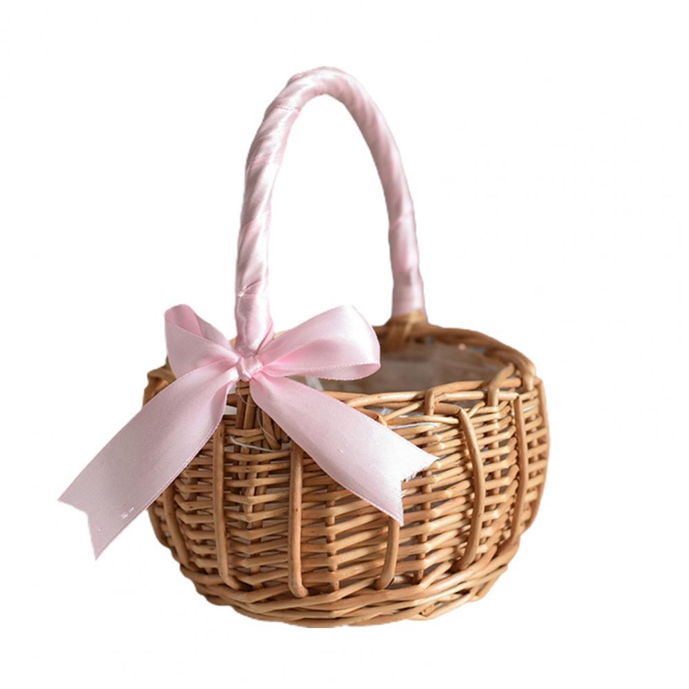 Hand-woven Wedding Flower Basket With Handle Wicker Sundries Basket Wedding Flower Girls Basket for Home Picnic Storage Basket: green