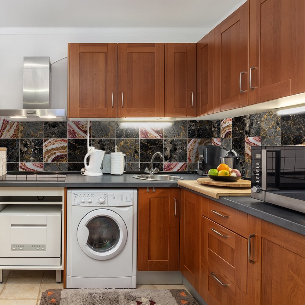 Funlife® BRILLIANT™ 15/20cm Black Coral Marble Tile Sticker Waterproof PVC DIY Wall Art for Bathroom Kitchen Camper Home Decor