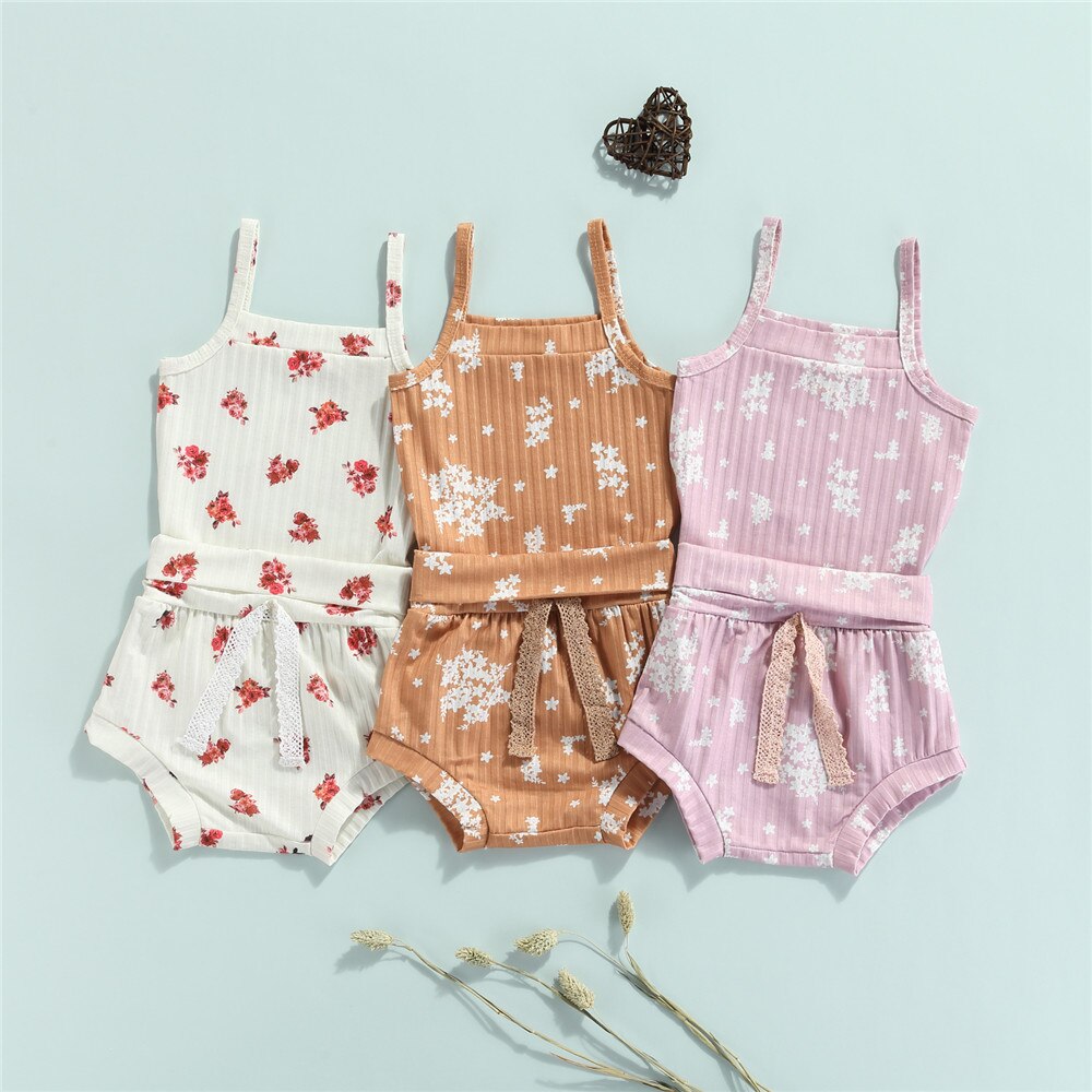 Baby Meisje Kleding Set Zomer Leuke Bloemenprint Mouwloze Romper + Boog Driehoek Shorts Outfits