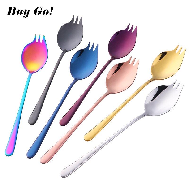 2 in 1 Salad Forks Spoon 304 Stainless Steel Three Tooth Multifunction Dessert Snack Fruit Forks Kitchen Tableware