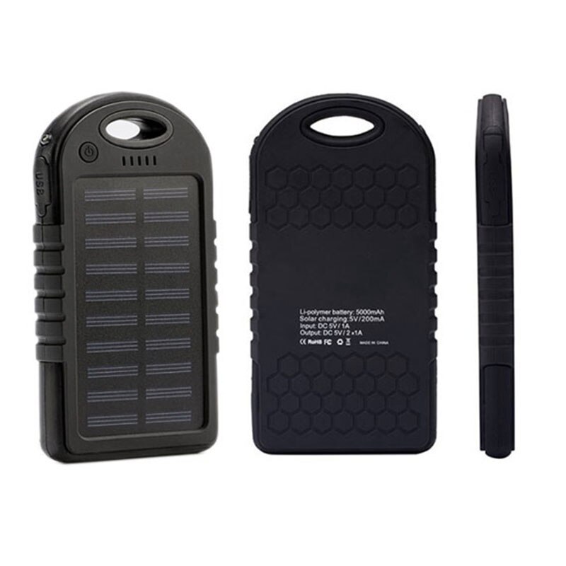 Outdoor Camping Waterproof 5000mah Portable Solar Battery Phone Charger: 1LED-BlackBlack