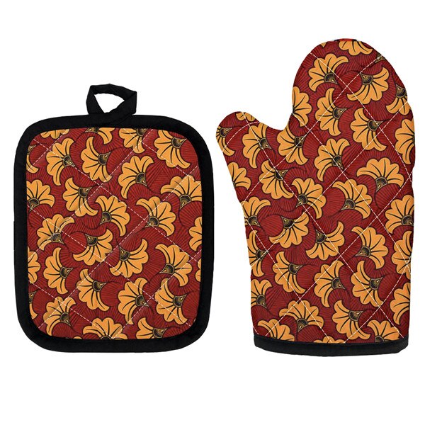 Set Van 2 Afrikaanse Etnische Tribal Bloemen Keuken Koken Magnetron Handschoenen Mitts Pot Pad Heat Proof Beschermd Thuis Bakken pads: HTAE009D19