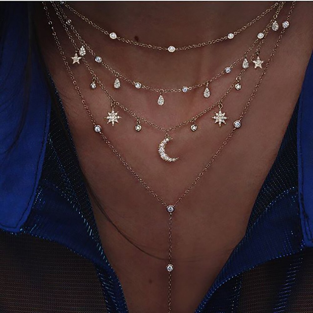 Vintage Crystal Geometry Star Moon Lock Necklace For Women Boho Multi-level Pendants Necklaces Chokers Jewelry: NE-0458-NE-0002-27